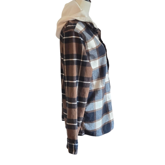 Hollister Women's L Hooded Split Plaid Shacket TwoTone Colorblock Cotton Flannel - Picture 3 of 16